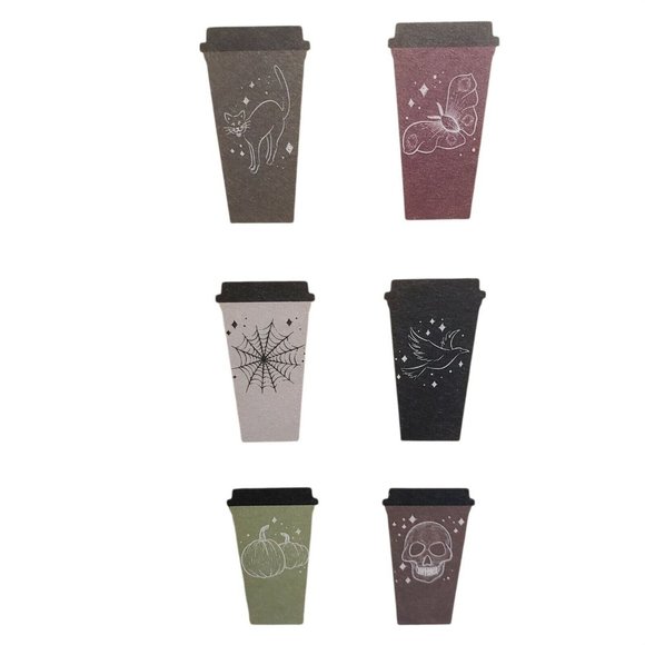 Starbucks 2019 HALLOWEEN 6 Pack Reusable Cups Hot Coffee Lids Skull Pumpkins - Picture 1 of 5